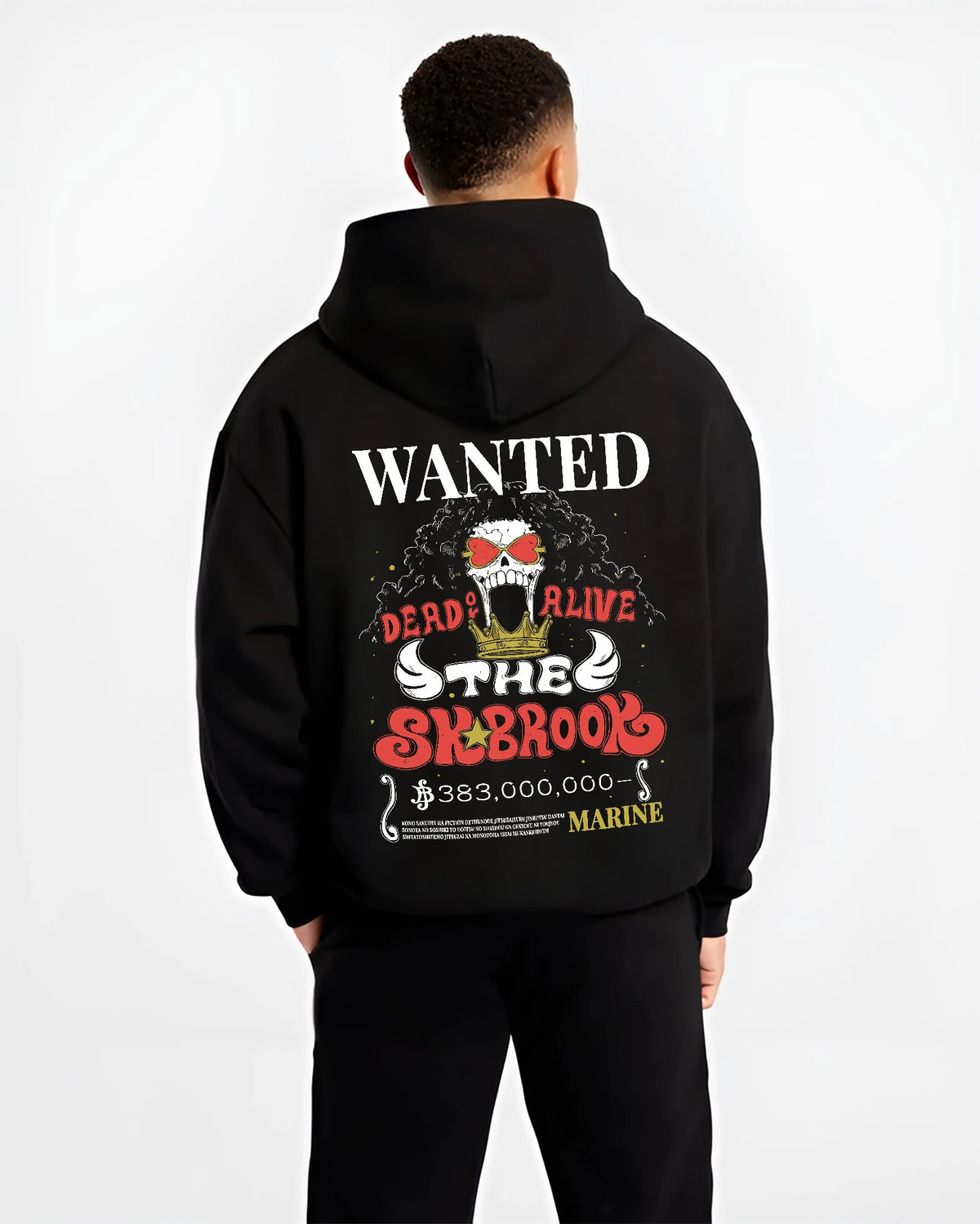 Black hoodie model back view with Brook wanted poster from One Piece illustrated back graphic