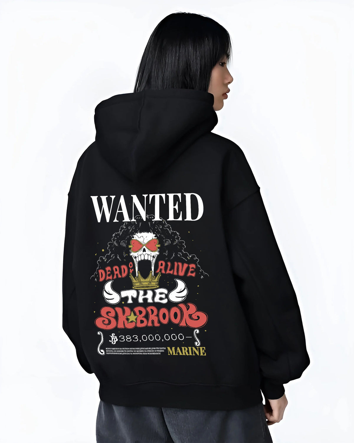 Black hoodie female model back view with Brook wanted poster from One Piece illustrated back graphic