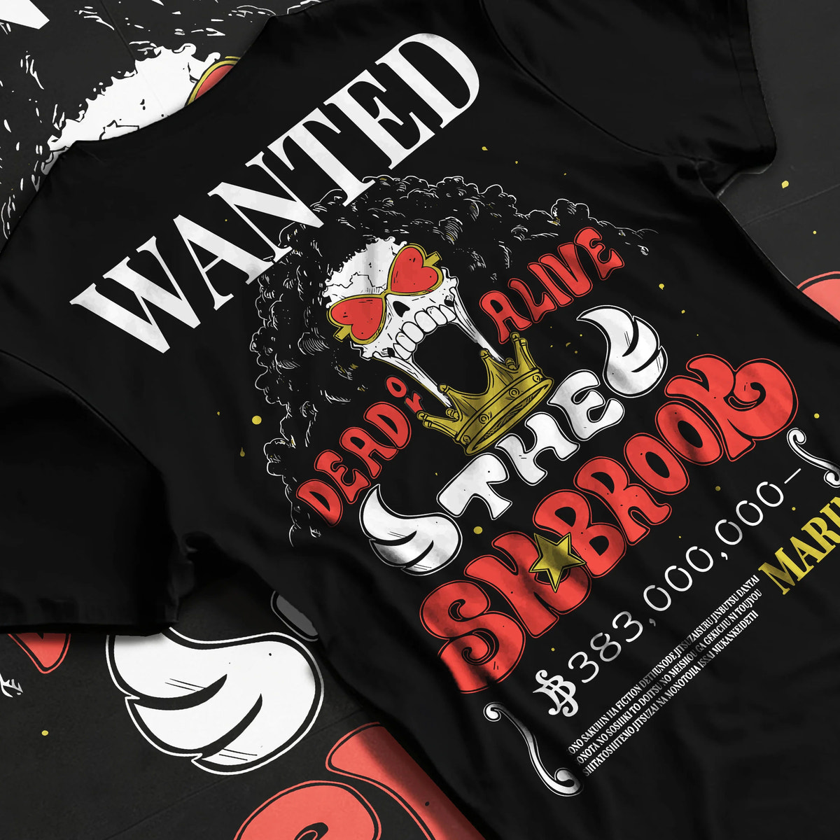 Black T-shirt flat back view with Brook wanted poster from One Piece illustrated back graphic