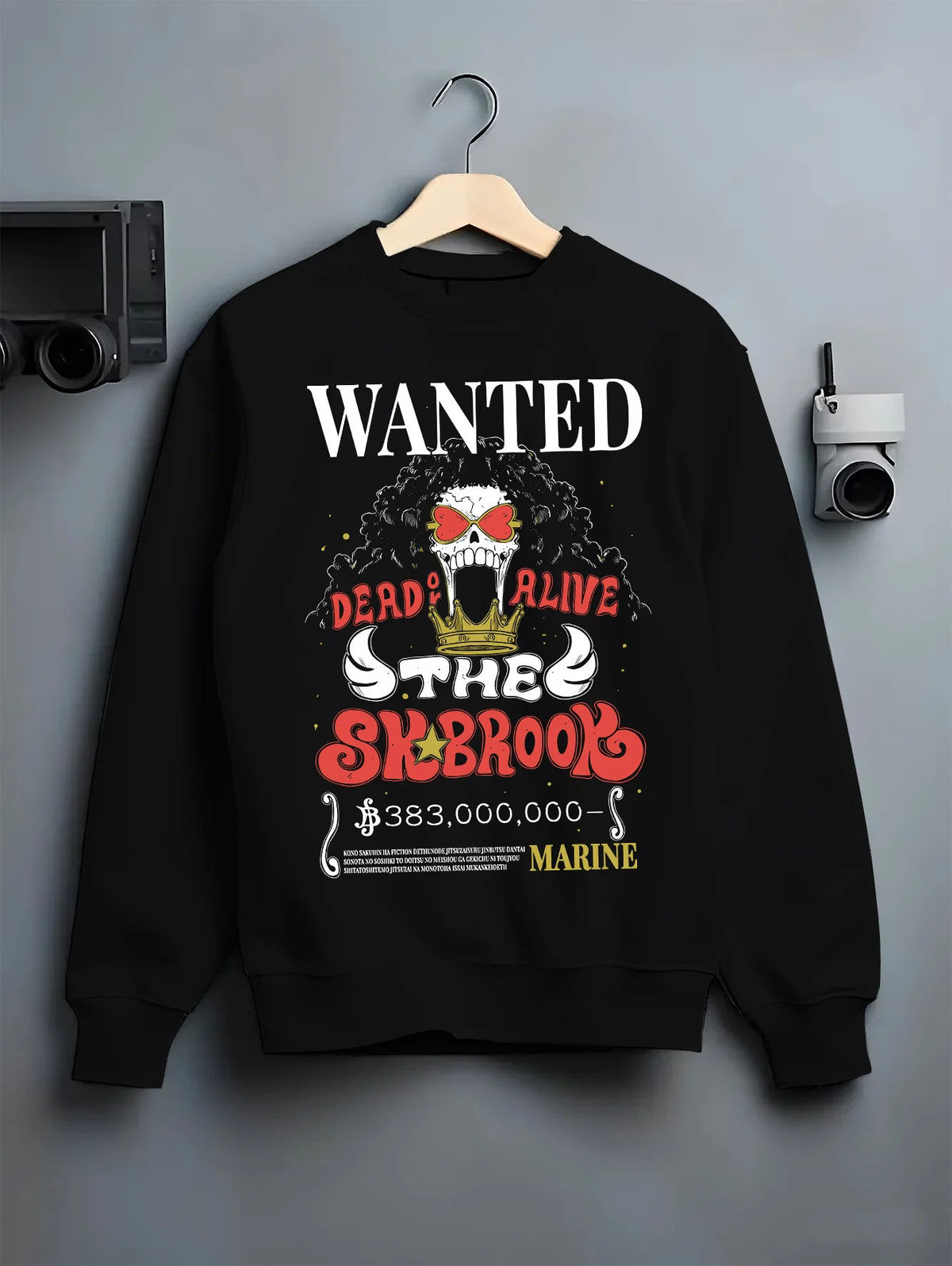 Black crewneck sweatshirt on hanger with Brook wanted poster from One Piece illustrated back graphic