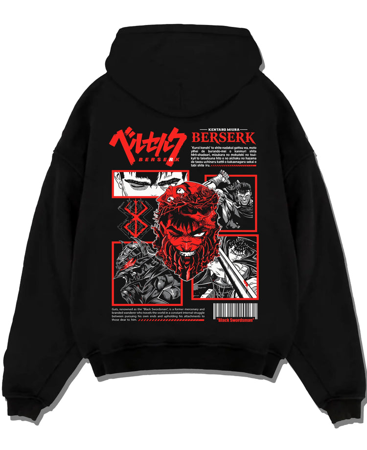 Black pullover hoodie laid flat with Berserk Eclipse Hoodie Bloody Behelit Red Demon Face graphic streetwear graphic.