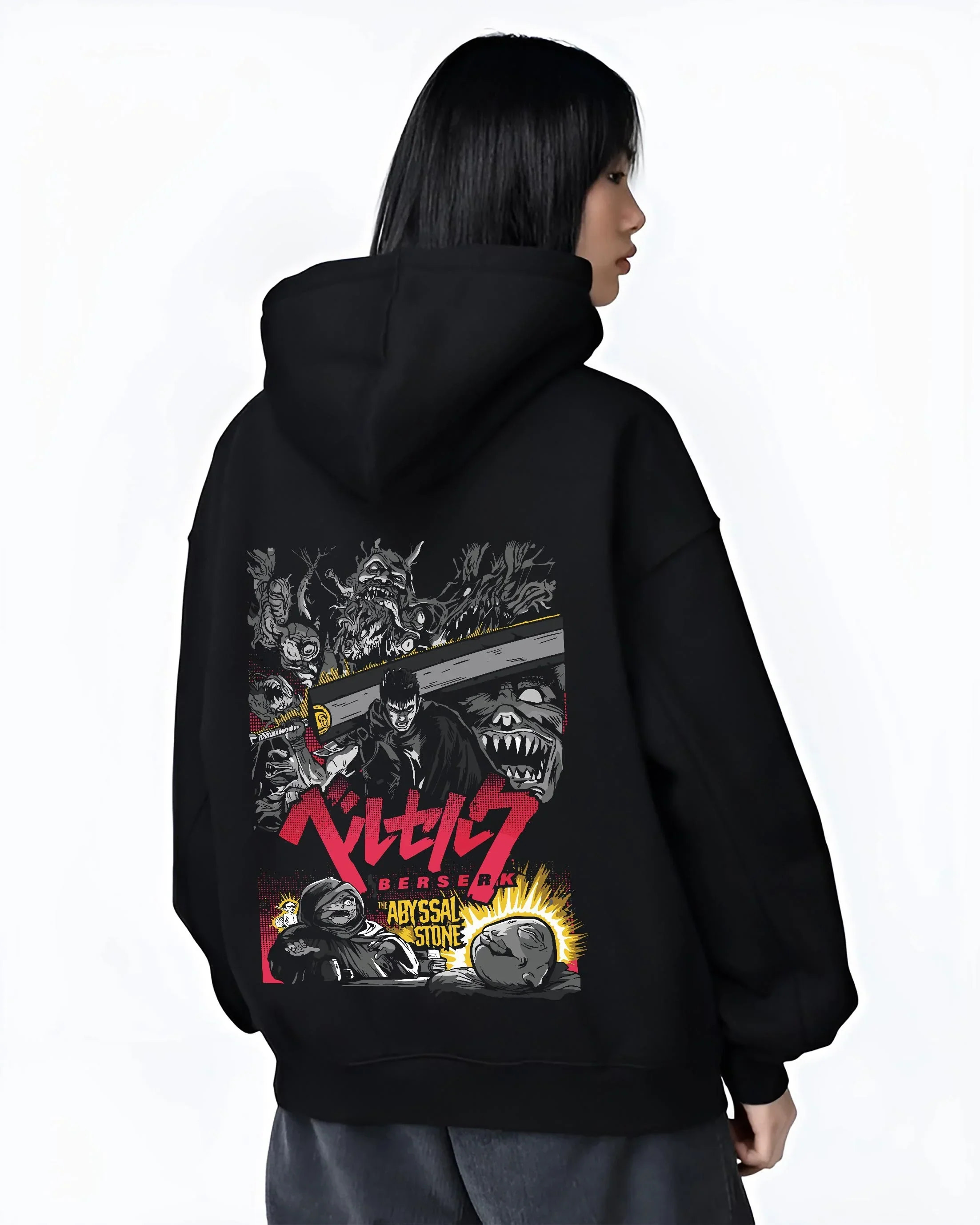 Black hoodie worn by female model, back view with Berserk Abyss Hoodie Guts Wielding Dragon Slayer Sword graphic streetwear graphic.