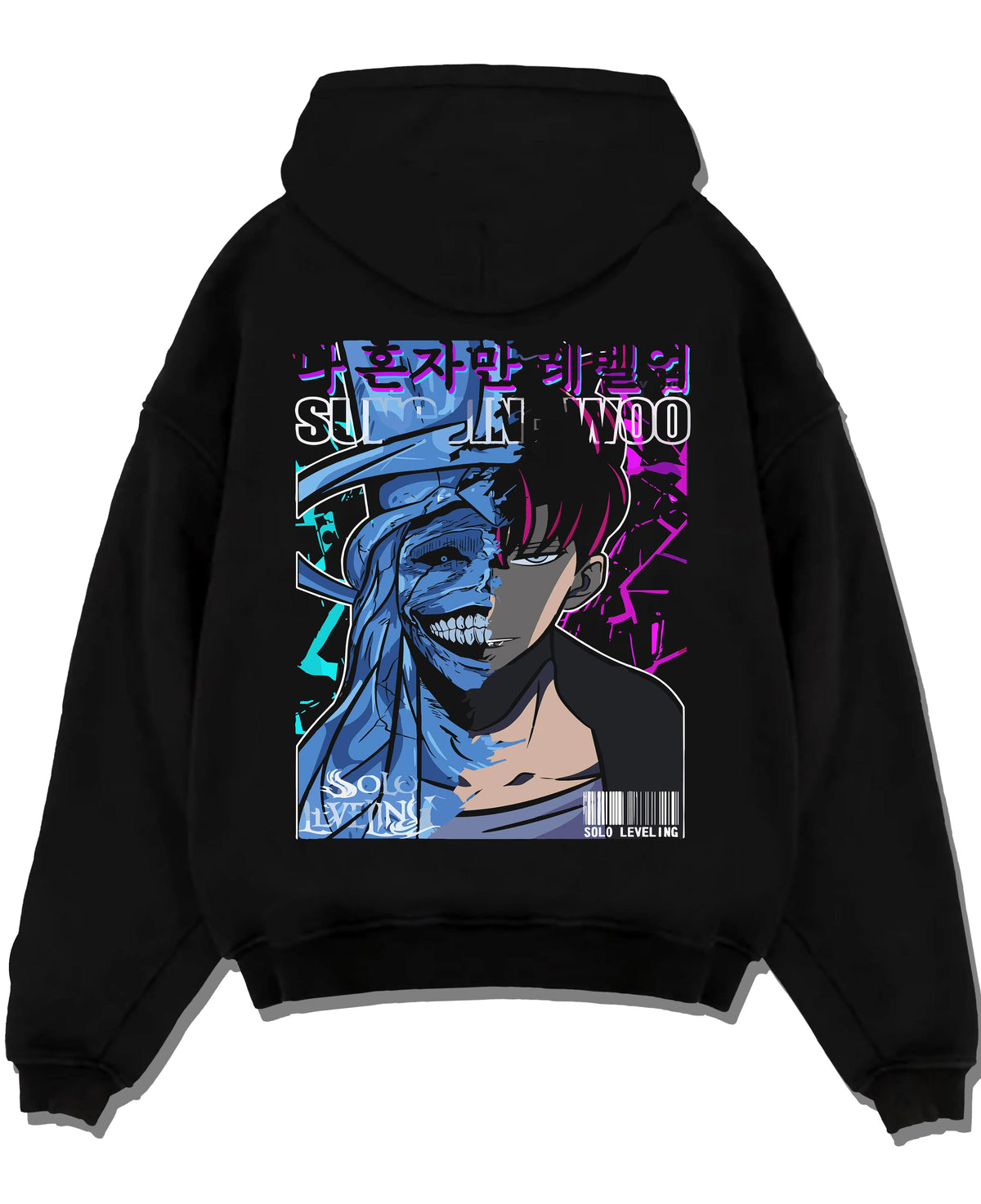 Black hoodie laid flat featuring Sung Jin-Woo Solo Leveling shadow face artwork with bold anime graphic print.