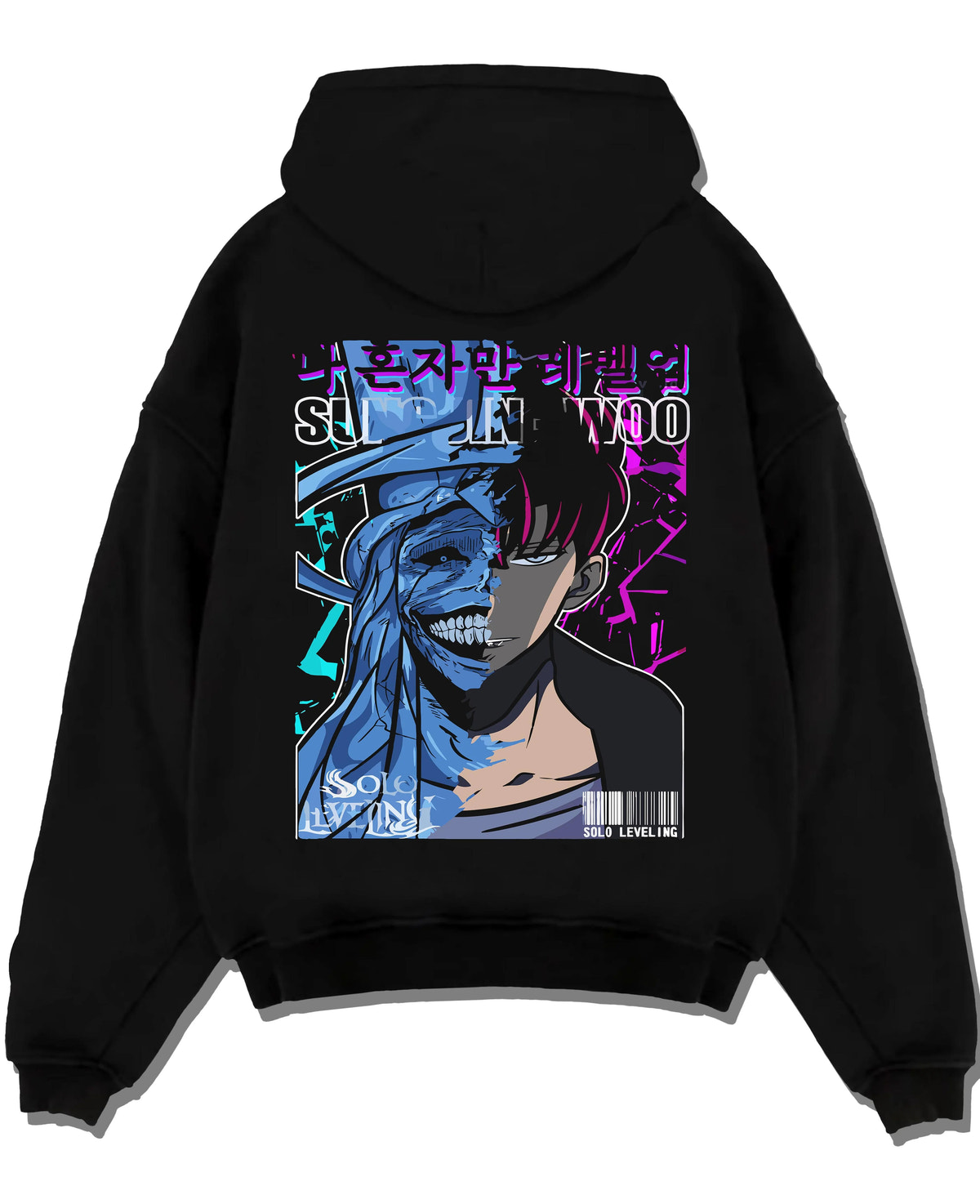 Black hoodie laid flat featuring Sung Jin-Woo Solo Leveling shadow face artwork with bold anime graphic print.