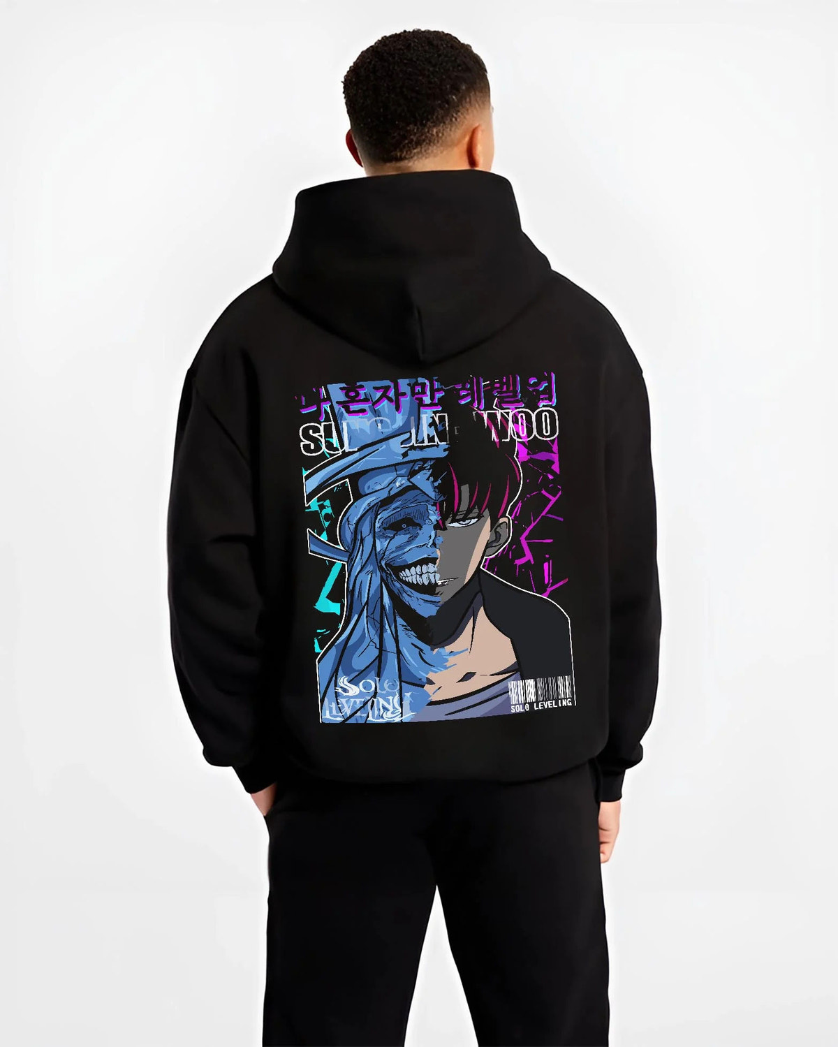 Black hoodie worn by male model from the back featuring Sung Jin-Woo Solo Leveling shadow face artwork.