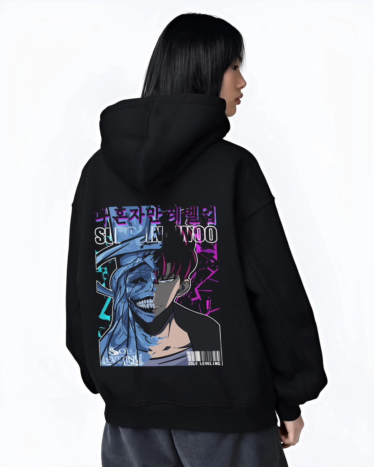 Black hoodie worn by female model from the back featuring Sung Jin-Woo Solo Leveling shadow face artwork.