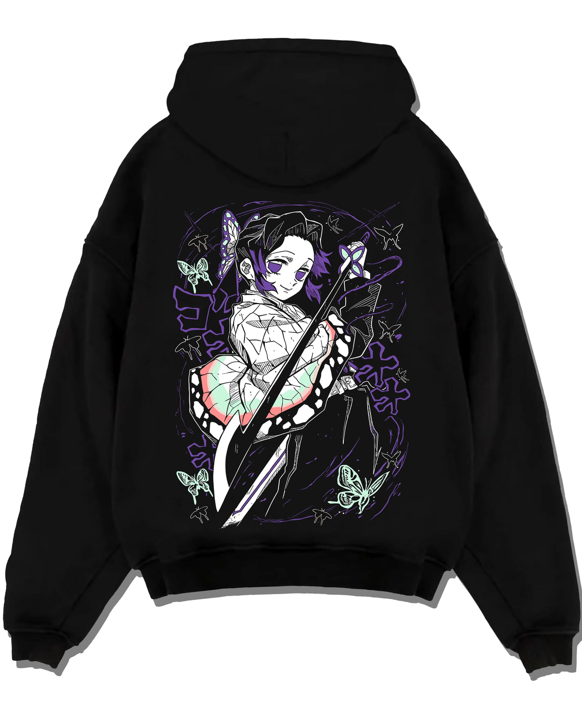 Black hoodie laid flat featuring Shinobu Kocho Butterfly Dance Demon Slayer artwork with bold anime graphic print.