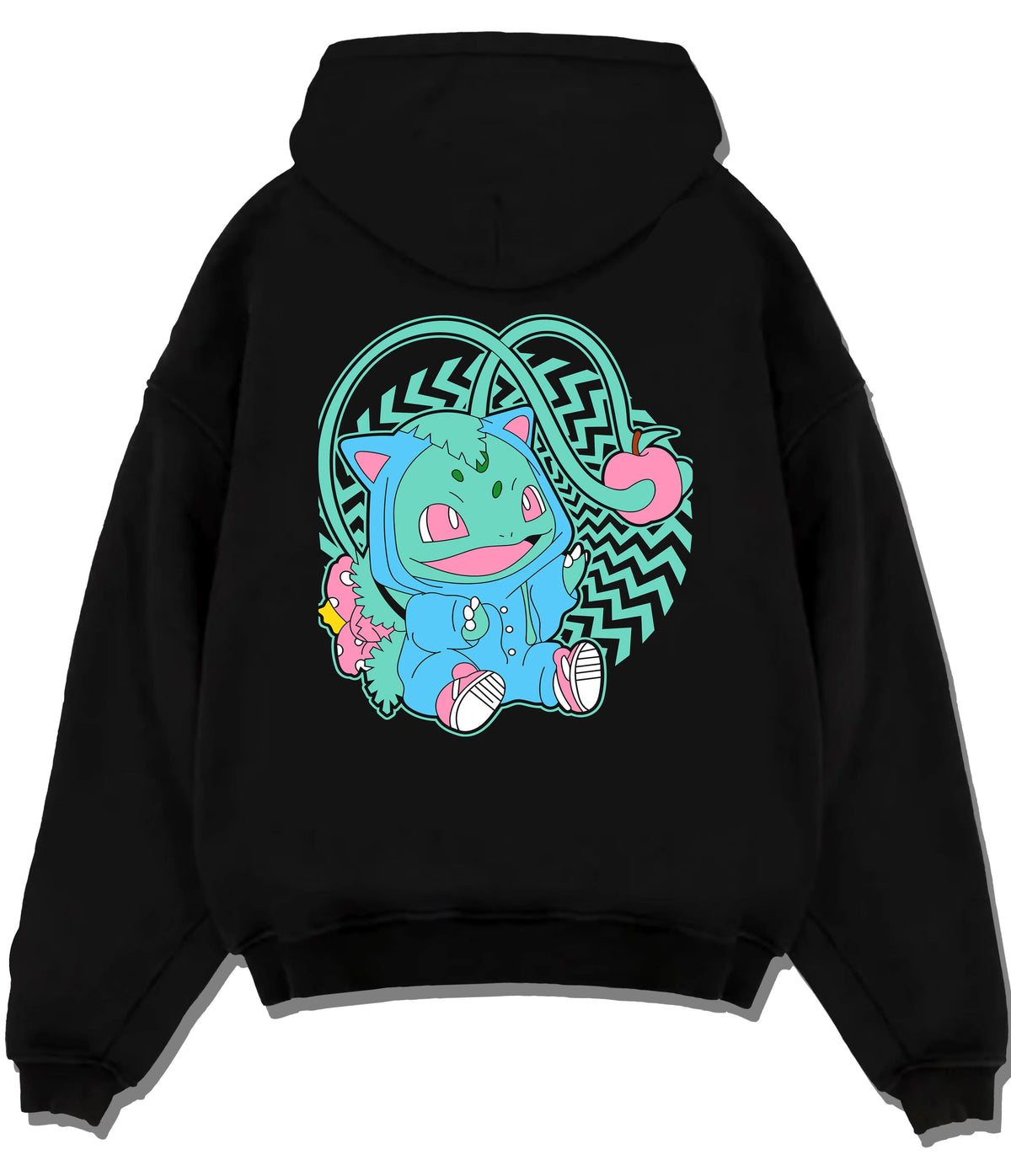 Black hoodie flat back view showing Bulbasaur from Pokémon: cute stylised illustration
