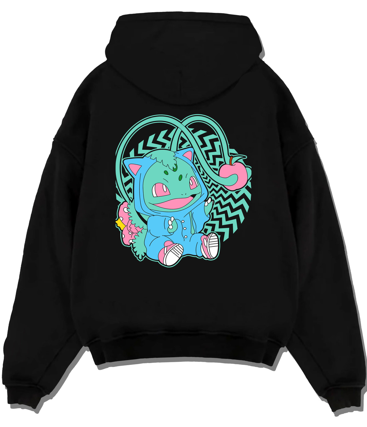 Black hoodie flat back view showing Bulbasaur from Pokémon: cute stylised illustration