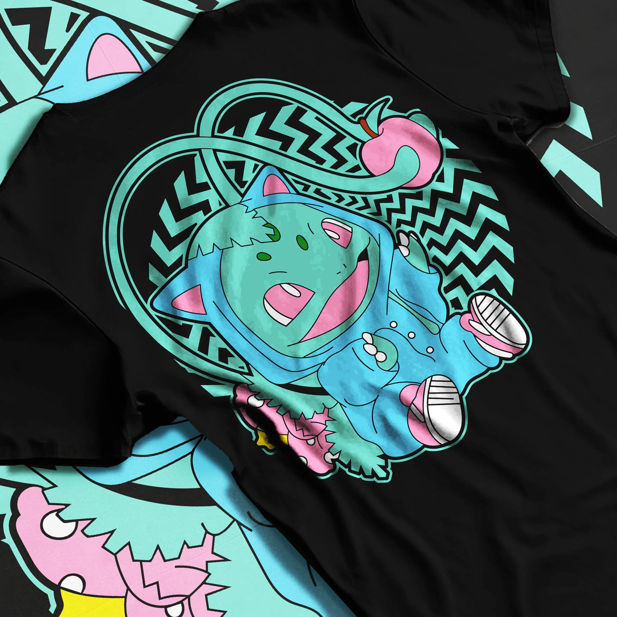 Black T-shirt flat back view showing Bulbasaur from Pokémon: cute stylised illustration