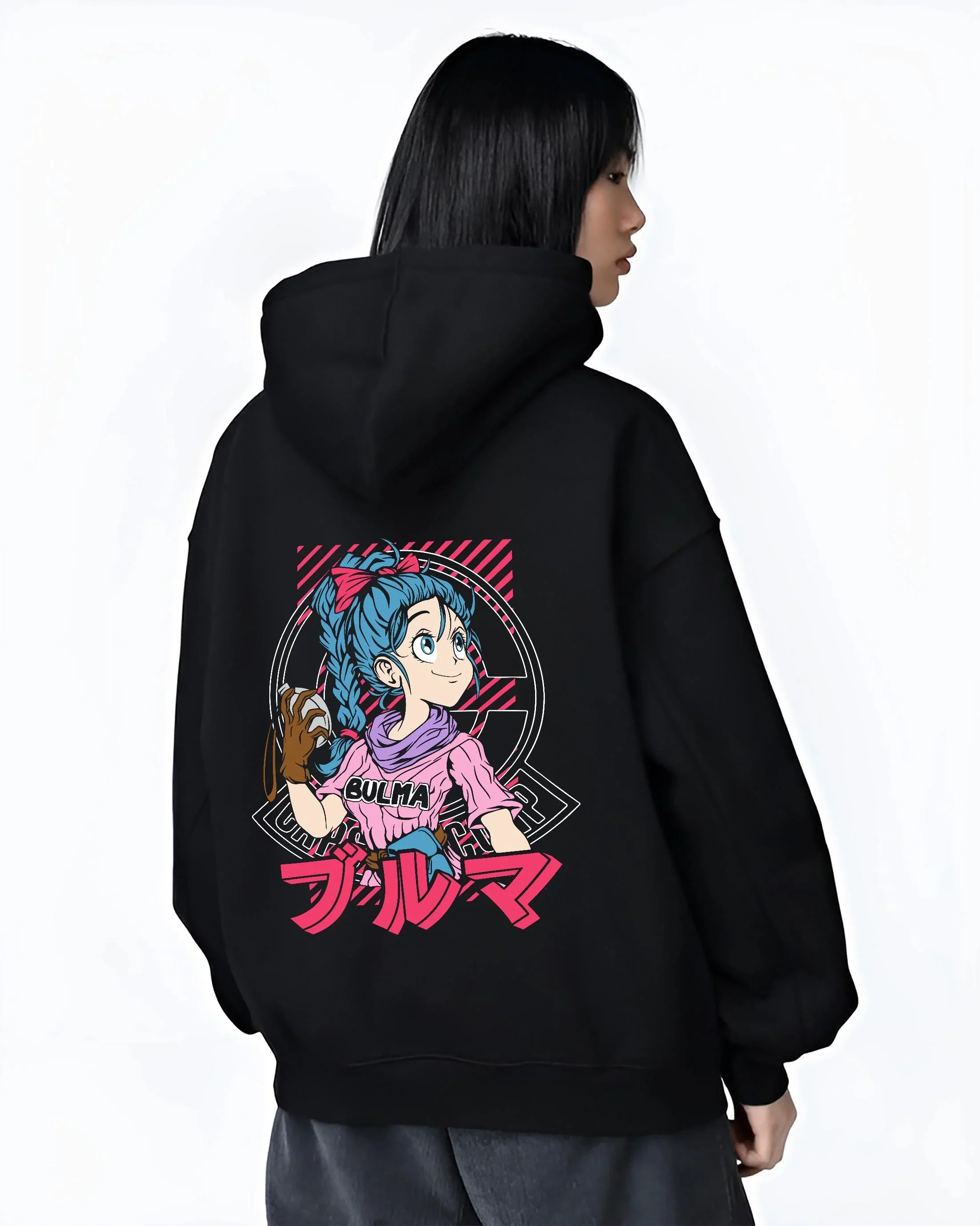 Black hoodie worn by female model, back view with Bulma Hoodie Dragon Ball Z Pink Outfit Capsule Corp graphic premium wear.