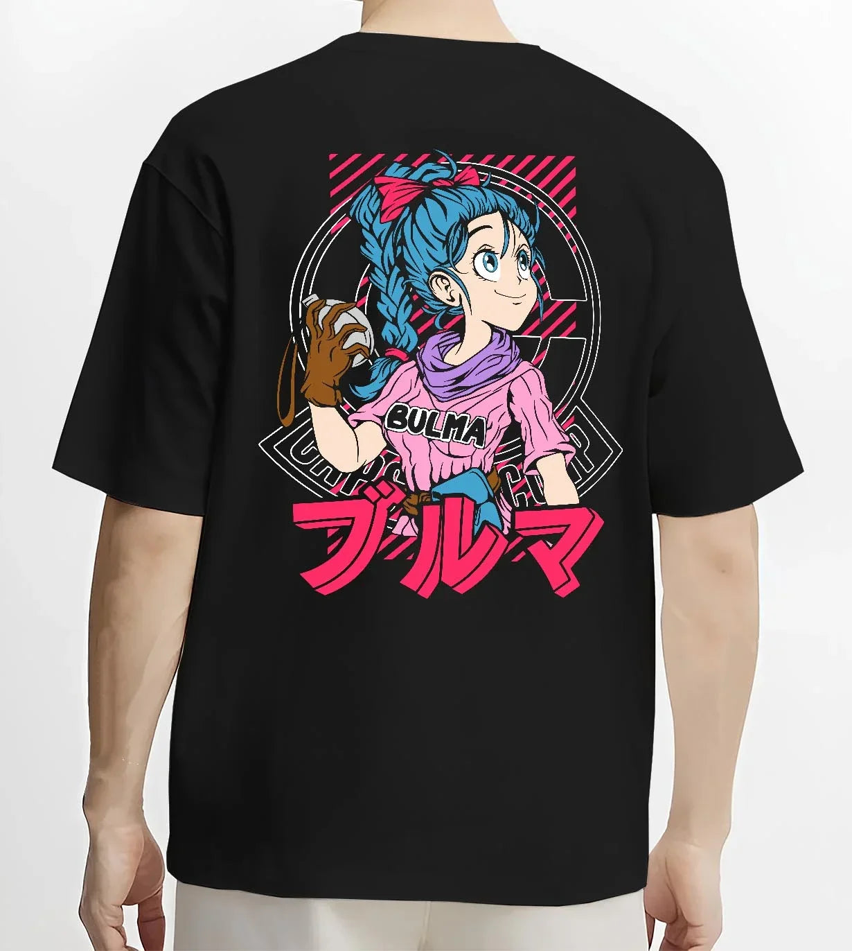 Black T-shirt worn by male model, back view with Bulma Hoodie Dragon Ball Z Pink Outfit Capsule Corp graphic Bulma anime design.