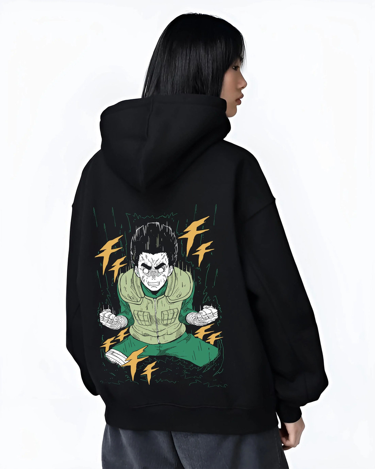 Black hoodie worn by female model from the back featuring Rock Lee Naruto Bushy Brows artwork.