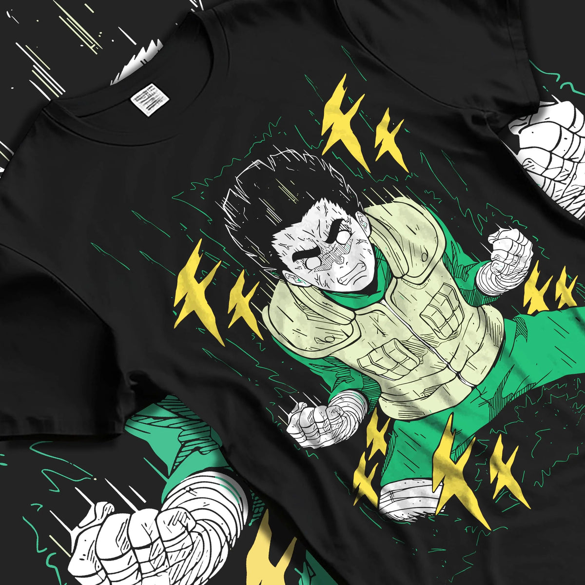 Black T-shirt laid flat with natural folds featuring Rock Lee Naruto Bushy Brows artwork.