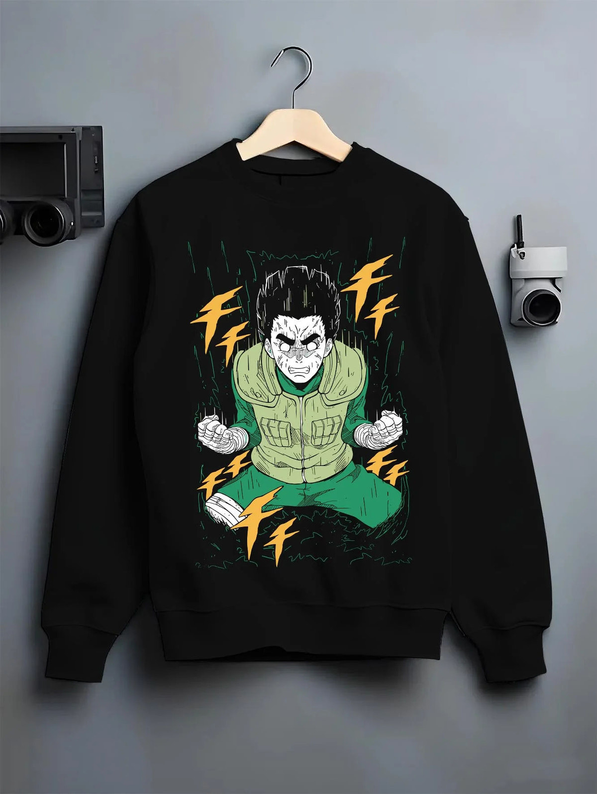 Black crewneck sweatshirt on hanger featuring Rock Lee Naruto Bushy Brows artwork.