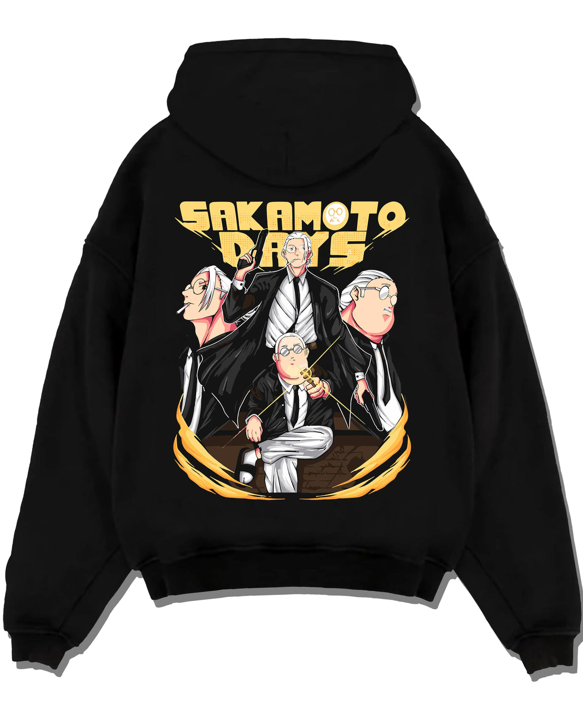Black hoodie laid flat featuring Taro Sakamoto Sakamoto Days action artwork with bold anime graphic print.