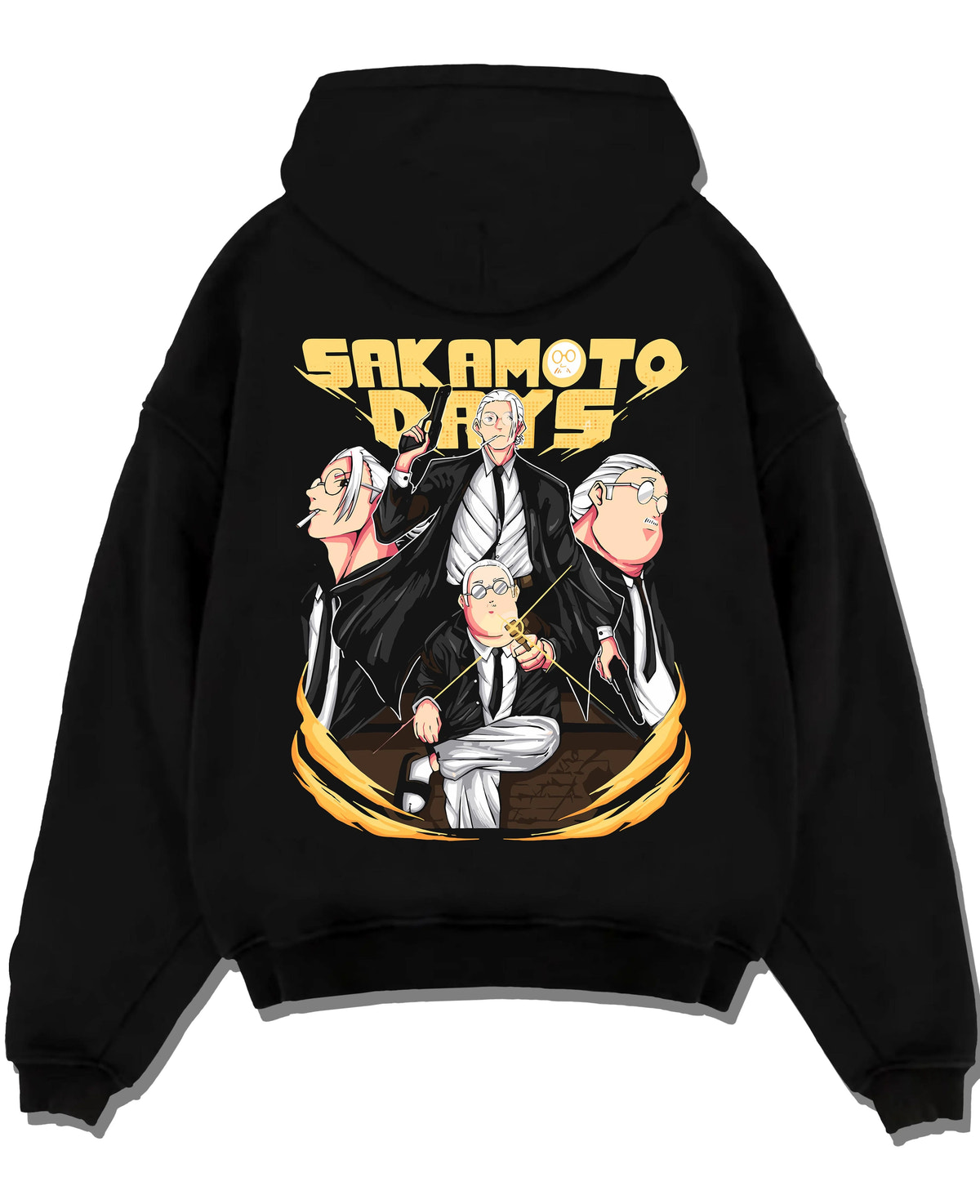 Black hoodie laid flat featuring Taro Sakamoto Sakamoto Days action artwork with bold anime graphic print.