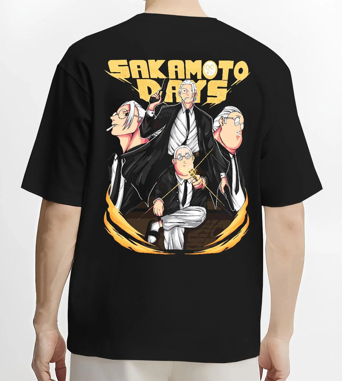 Black T-shirt worn by male model from the back featuring Taro Sakamoto Sakamoto Days action artwork.