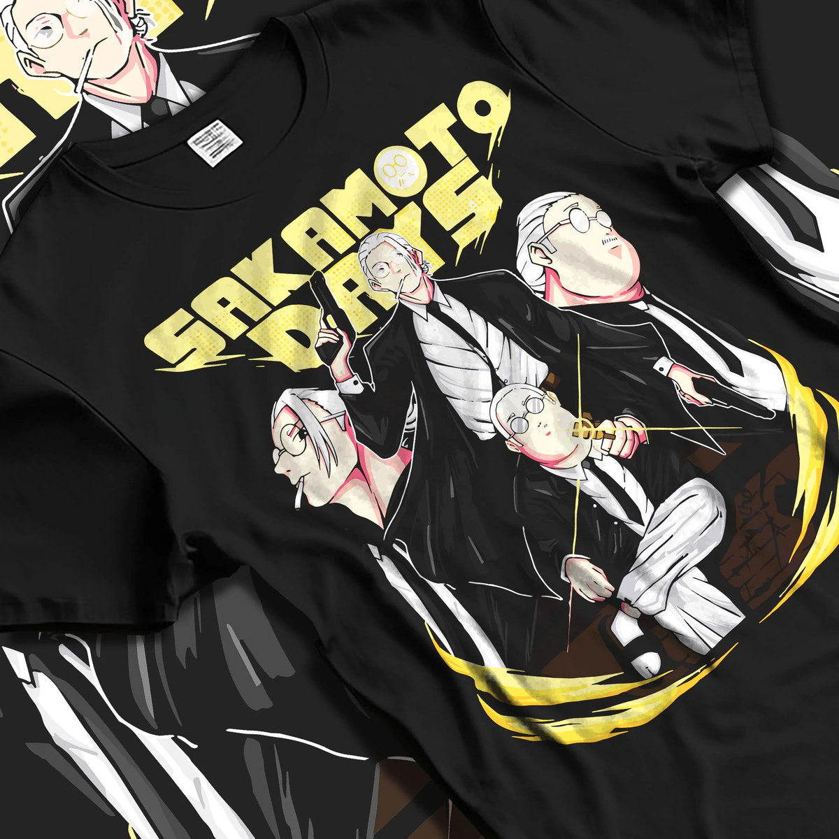 Black T-shirt laid flat with natural folds featuring Taro Sakamoto Sakamoto Days action artwork.