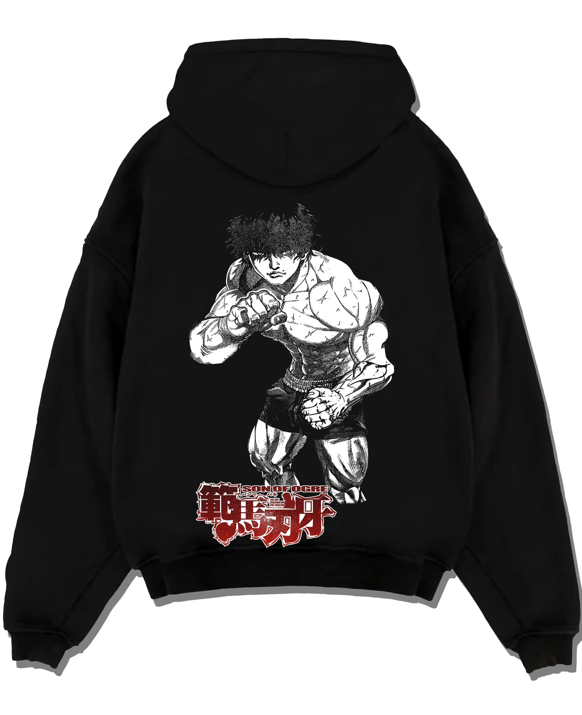 Black pullover hoodie laid flat on a white background, featuring Baki Hanma Son of Ogre Japanese animation streetwear graphic in dark manga panel style.