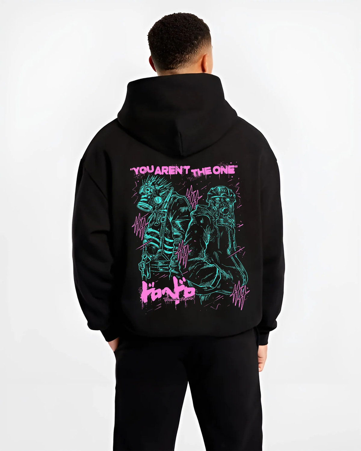 Black hoodie model back view showing Caiman and Nikaido from Dorohedoro: dark fantasy illustration