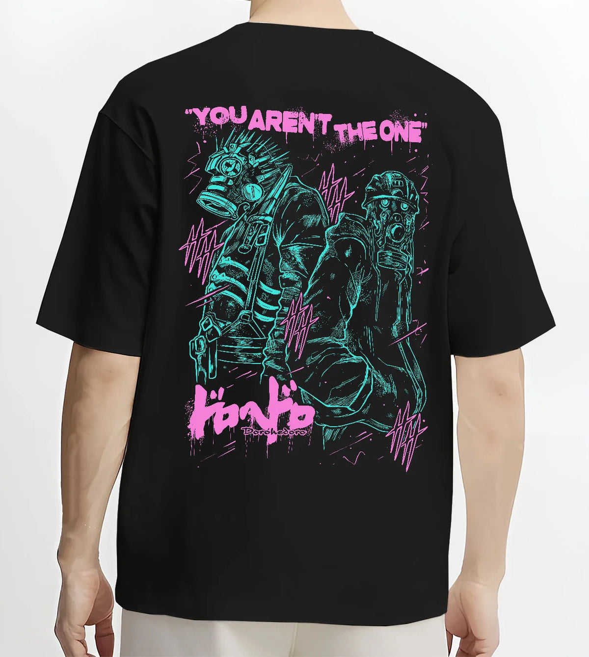 Black T-shirt model back view showing Caiman and Nikaido from Dorohedoro: dark fantasy illustration
