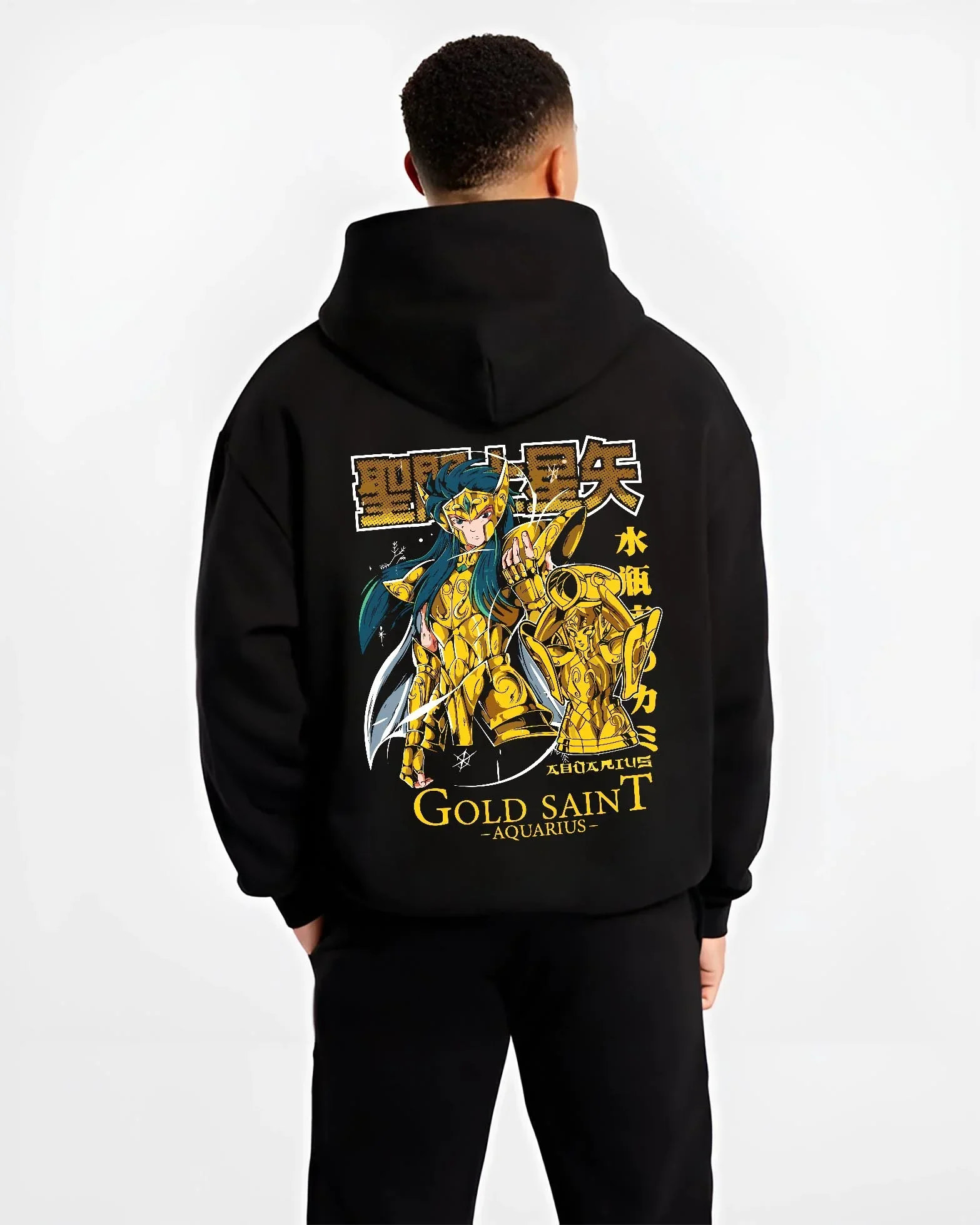 Black hoodie worn by male model, back view with Aquarius Gold Saint Hoodie Saint Seiya Zodiac Armour graphic bold anime graphic.