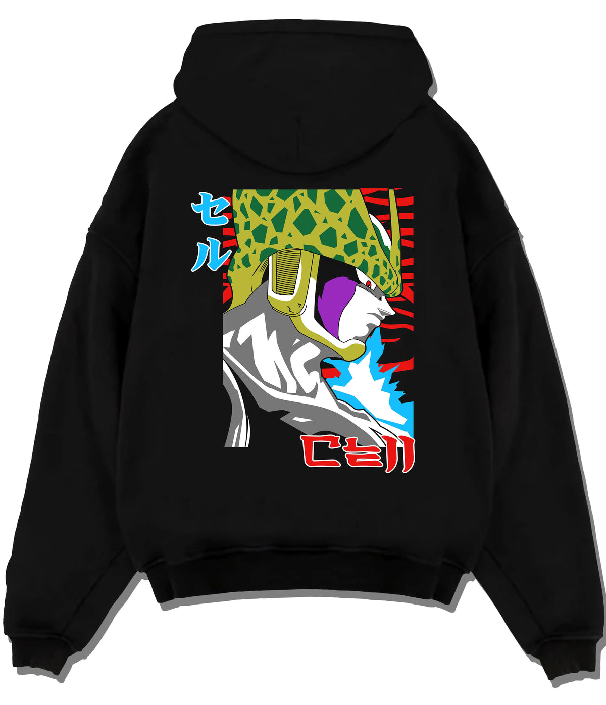 Black hoodie flat back view showing Cell from Dragon Ball: Perfect Cell form
