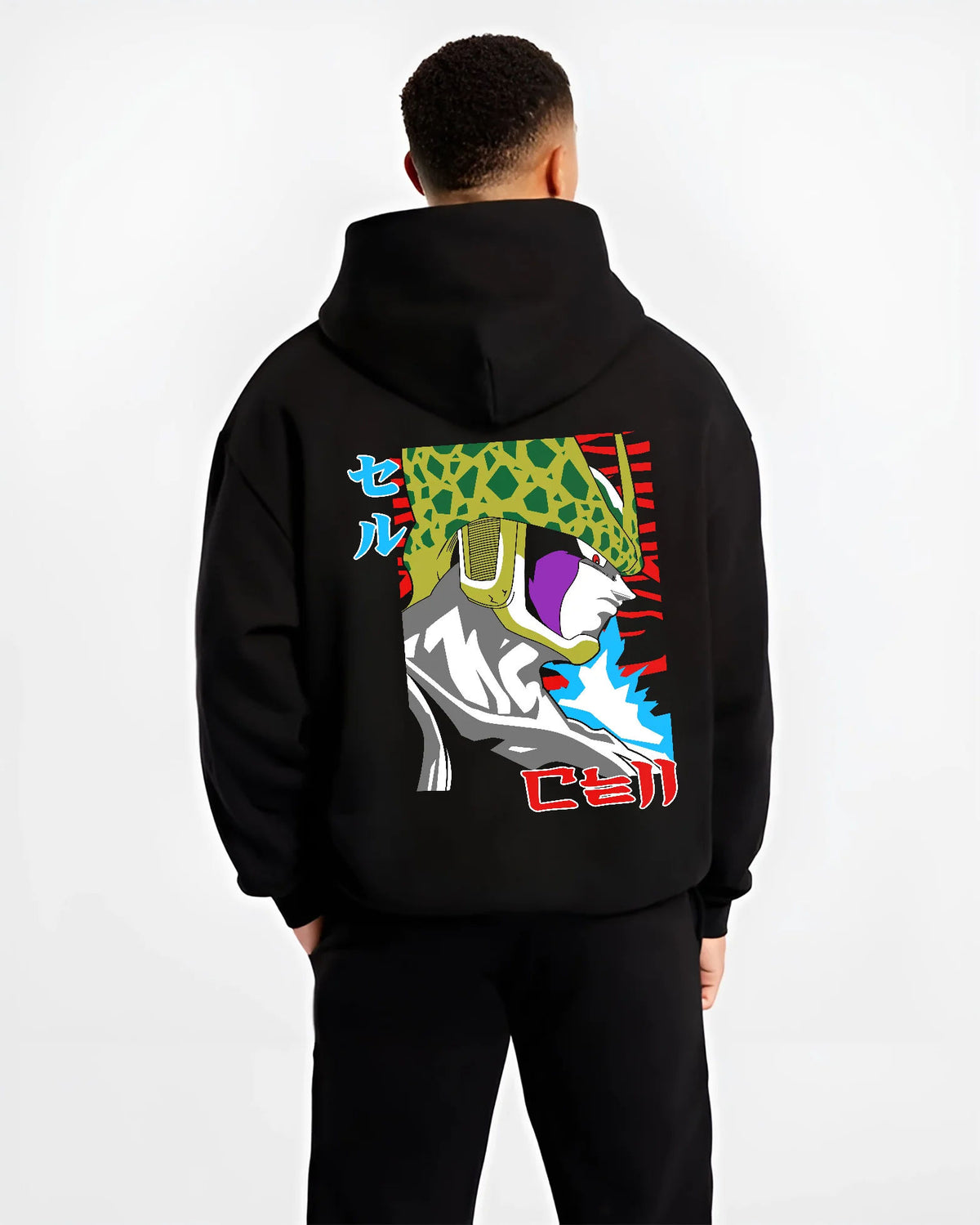 Black hoodie model back view showing Cell from Dragon Ball: Perfect Cell form