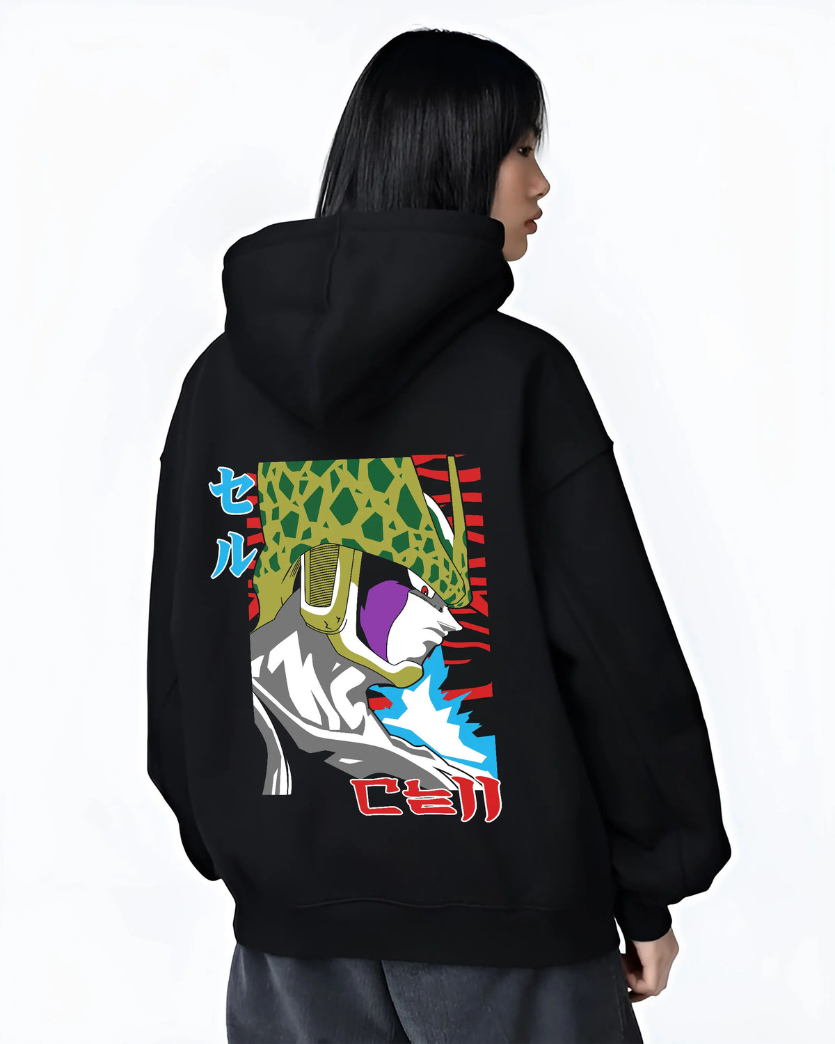 Black hoodie female model back view showing Cell from Dragon Ball: Perfect Cell form