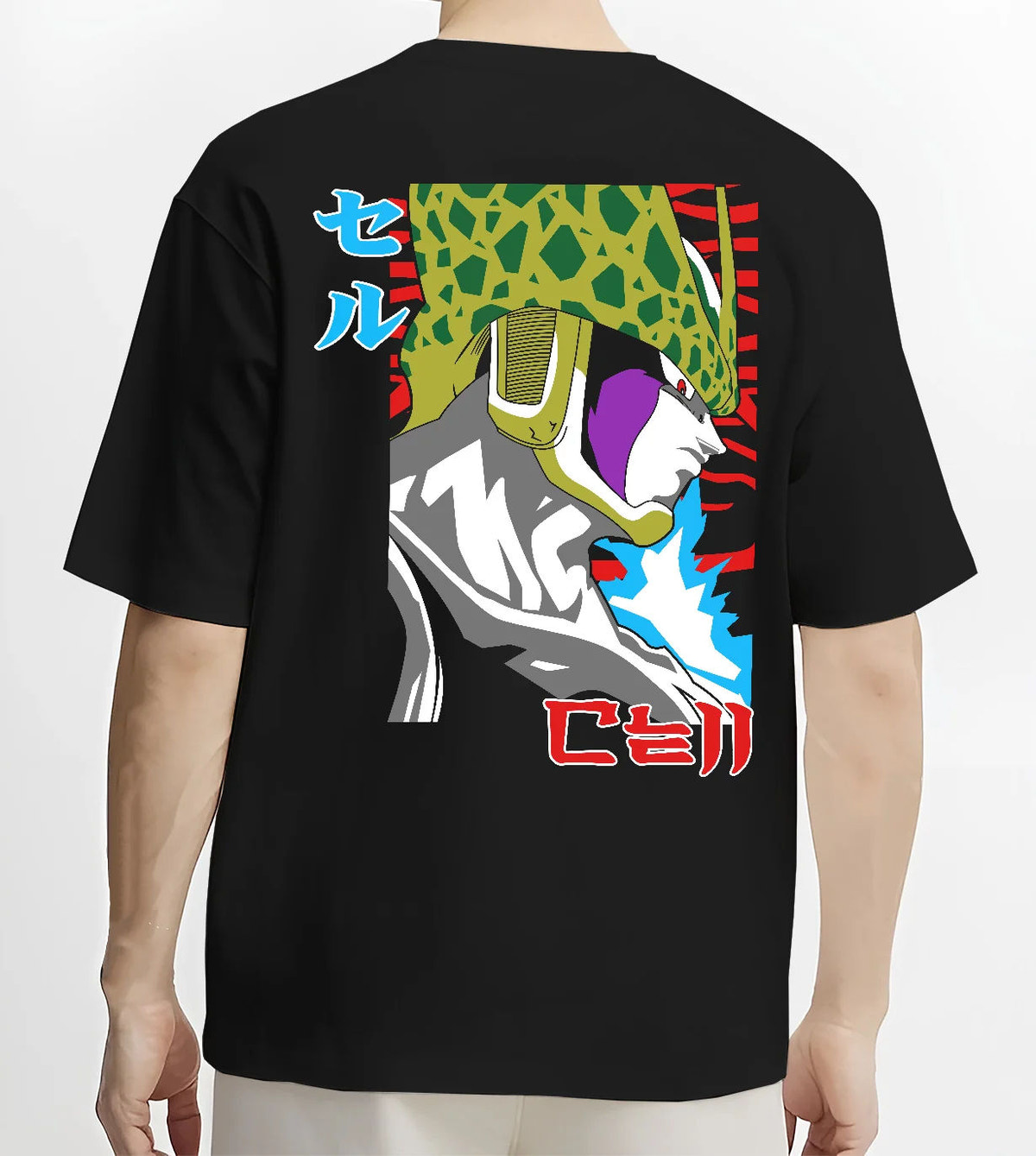 Black T-shirt model back view showing Cell from Dragon Ball: Perfect Cell form