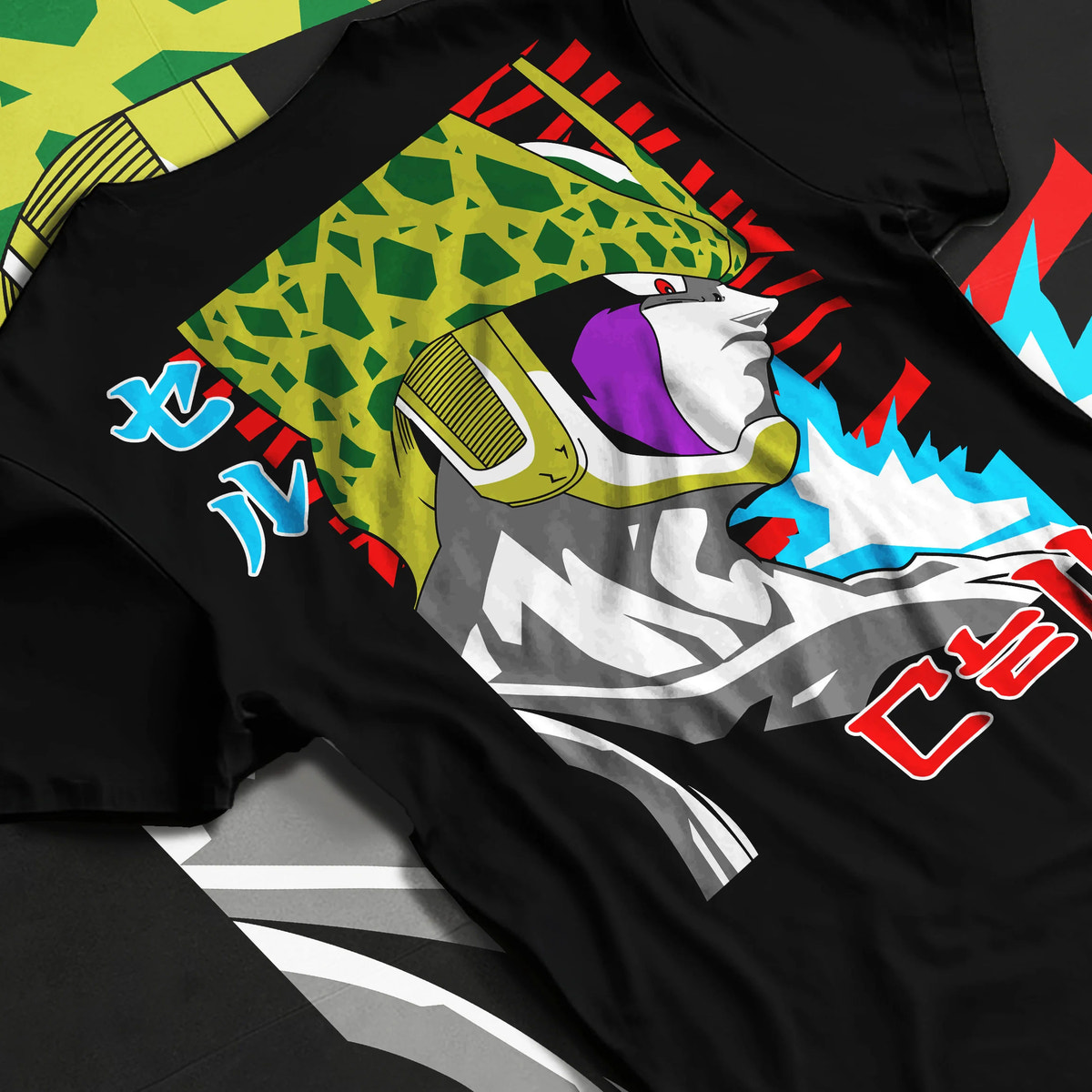 Black T-shirt flat back view showing Cell from Dragon Ball: Perfect Cell form