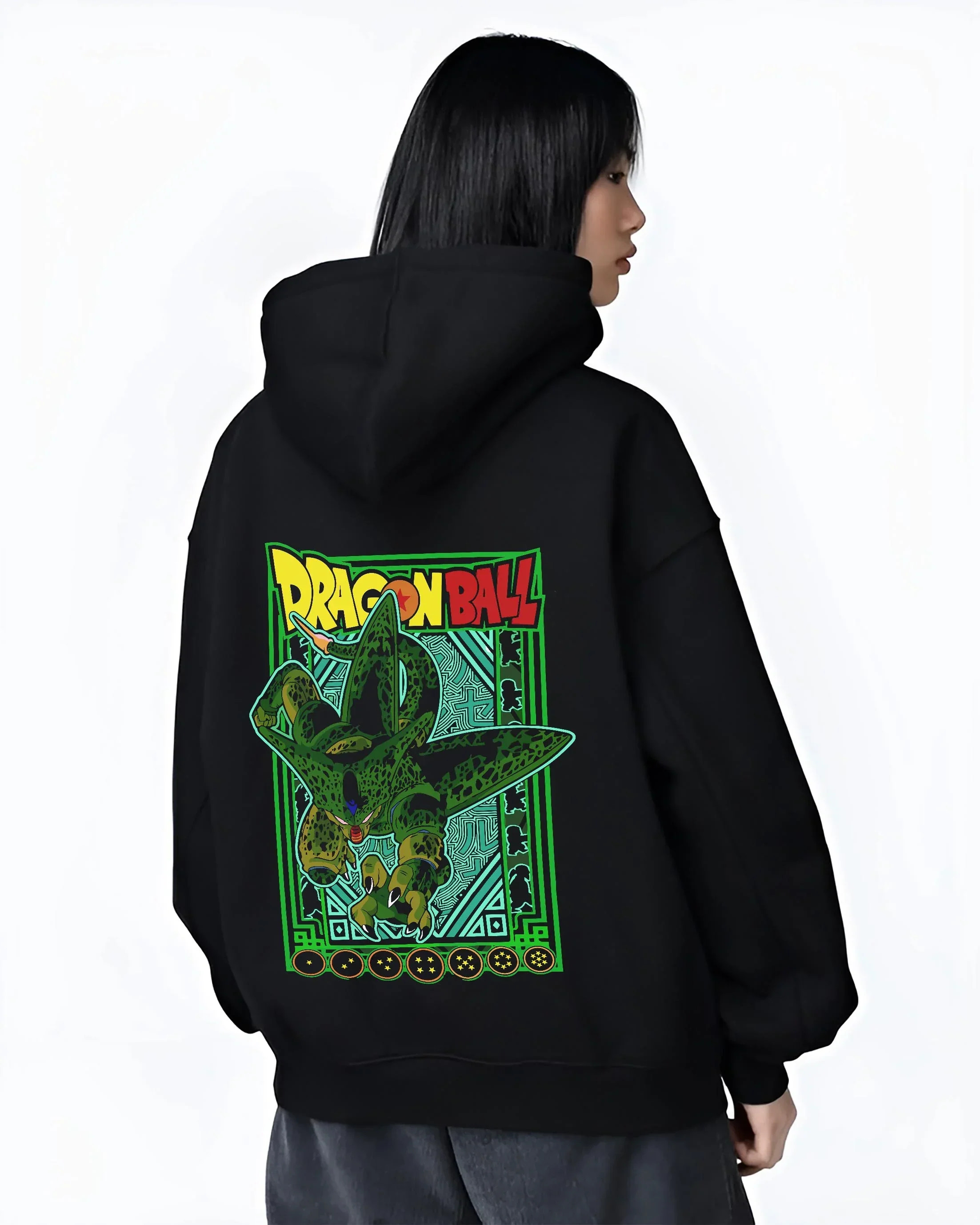 Black hoodie worn by female model, back view with Perfect Cell Hoodie Dragon Ball Z Villain Power Form graphic premium wear.
