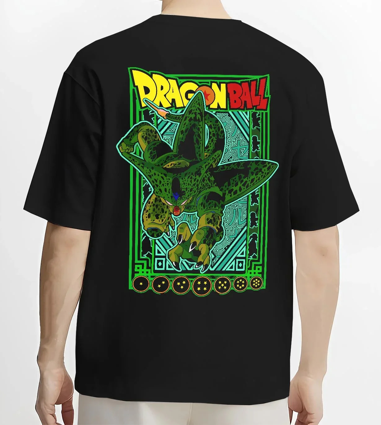 Black T-shirt worn by male model, back view with Perfect Cell Hoodie Dragon Ball Z Villain Power Form graphic premium wear.