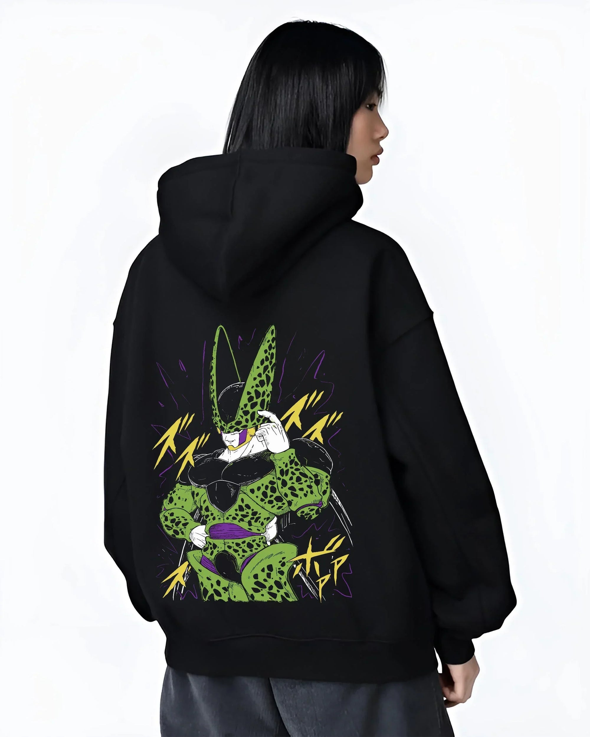 Black hoodie worn by female model, back view with Cell Second Form Hoodie Dragon Ball Z Villain Stance graphic Cell anime design.