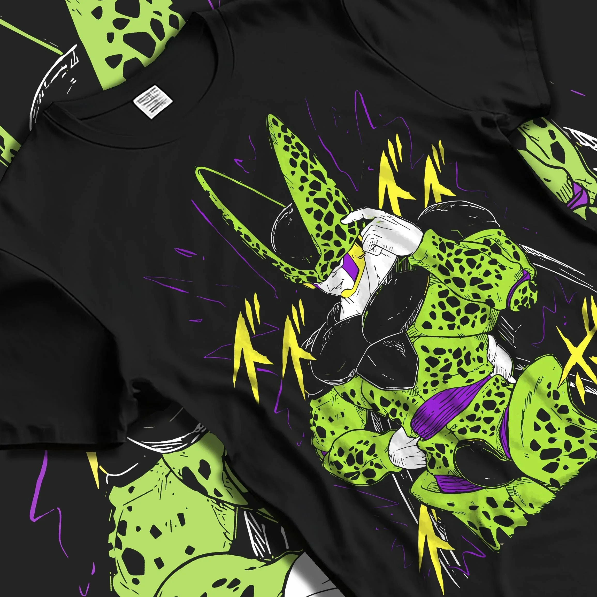 Black T-shirt laid flat with natural folds with Cell Second Form Hoodie Dragon Ball Z Villain Stance graphic Cell anime design.