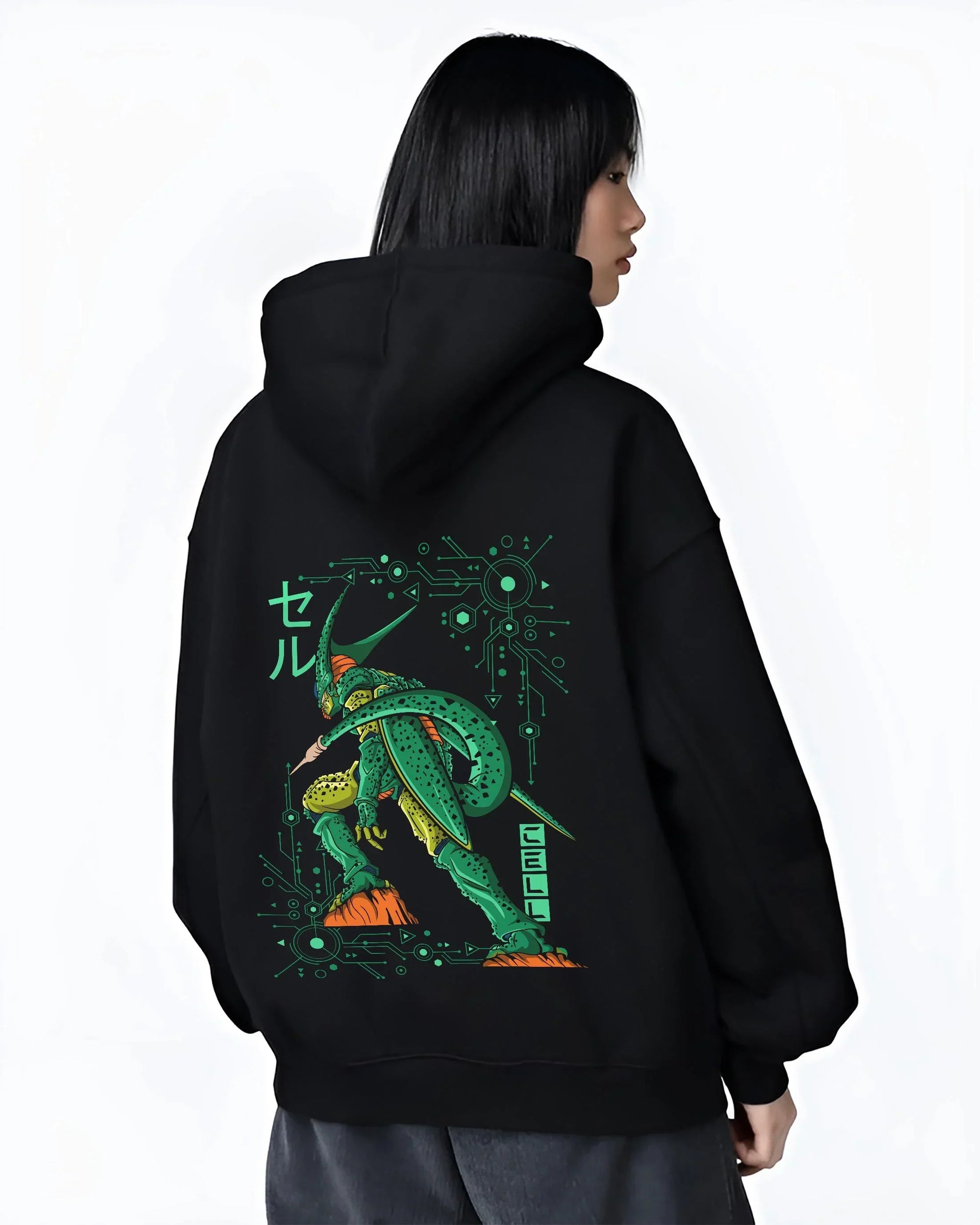 Black hoodie worn by female model, back view with Cell Hoodie Dragon Ball Z Perfect Villain Evolution graphic Cell themed artwork.