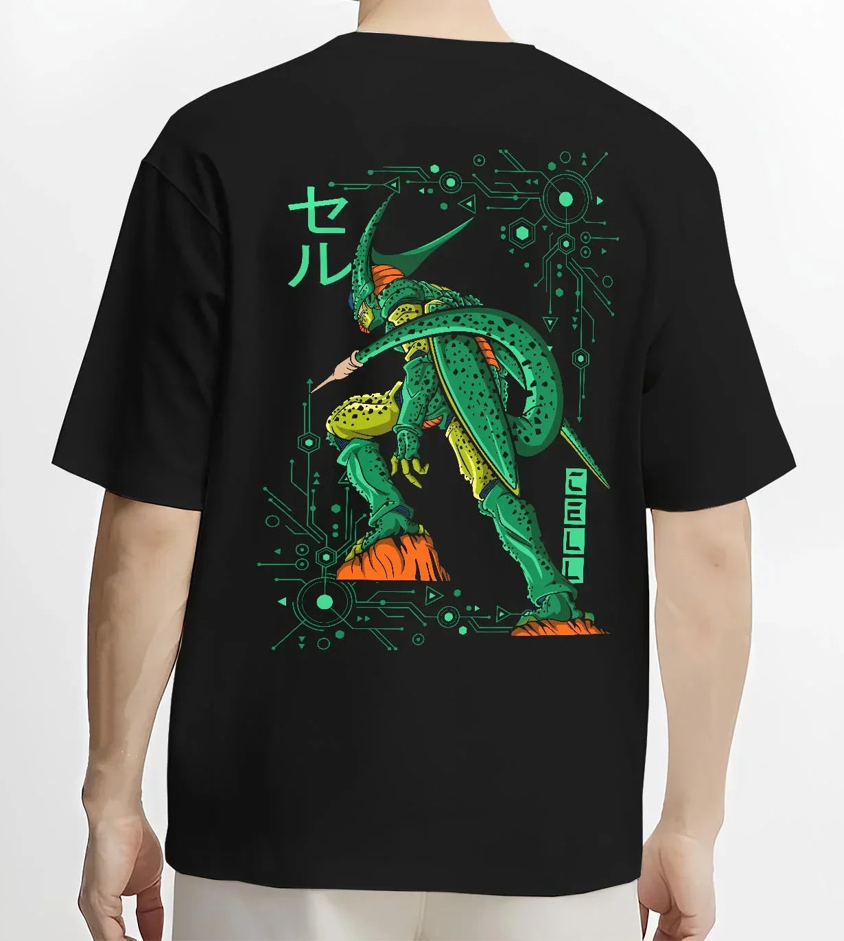 Black T-shirt worn by male model, back view with Cell Hoodie Dragon Ball Z Perfect Villain Evolution graphic streetwear graphic.