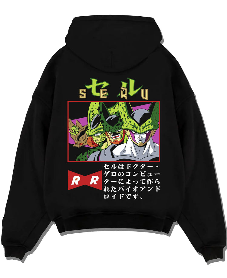 Black pullover hoodie laid flat with Cell Hoodie Dragon Ball Z Villain Android Creation graphic Cell anime design.
