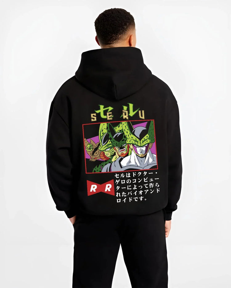 Black hoodie worn by male model, back view with Cell Hoodie Dragon Ball Z Villain Android Creation graphic Cell anime design.