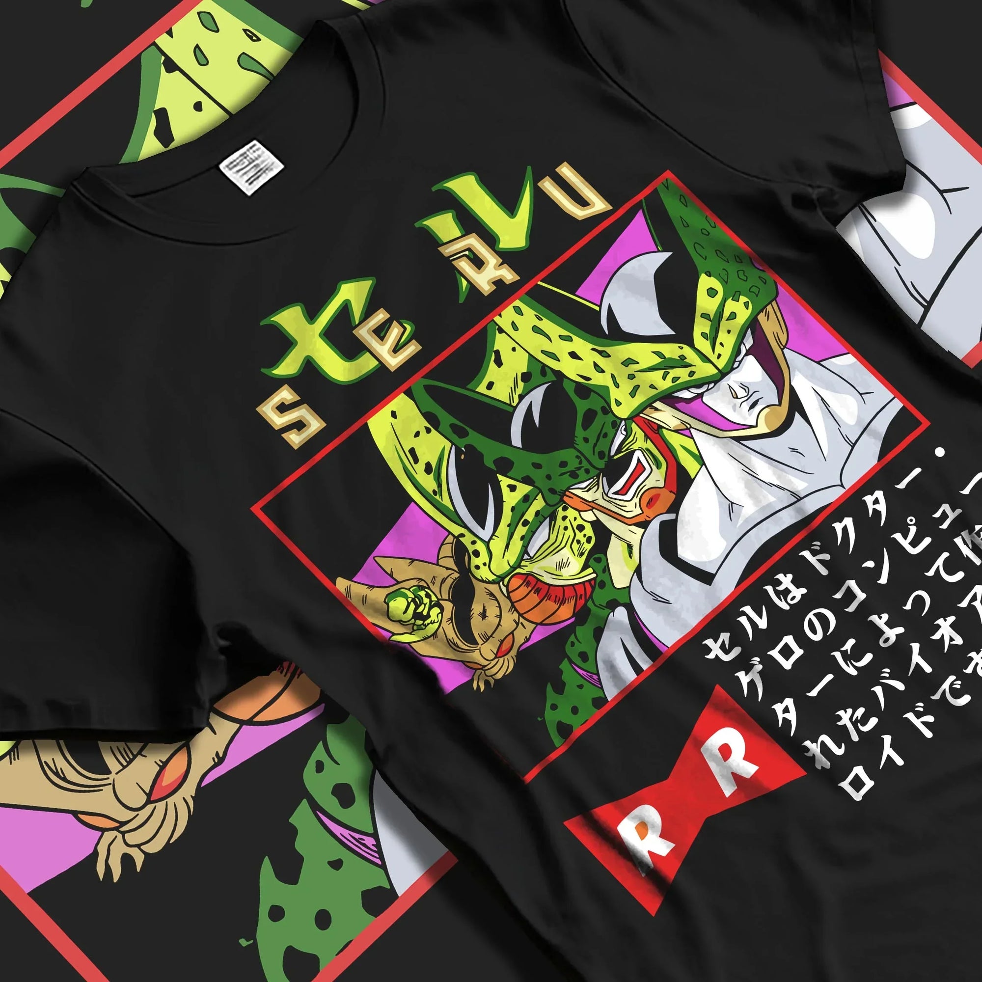 Black T-shirt laid flat with natural folds with Cell Hoodie Dragon Ball Z Villain Android Creation graphic premium wear.