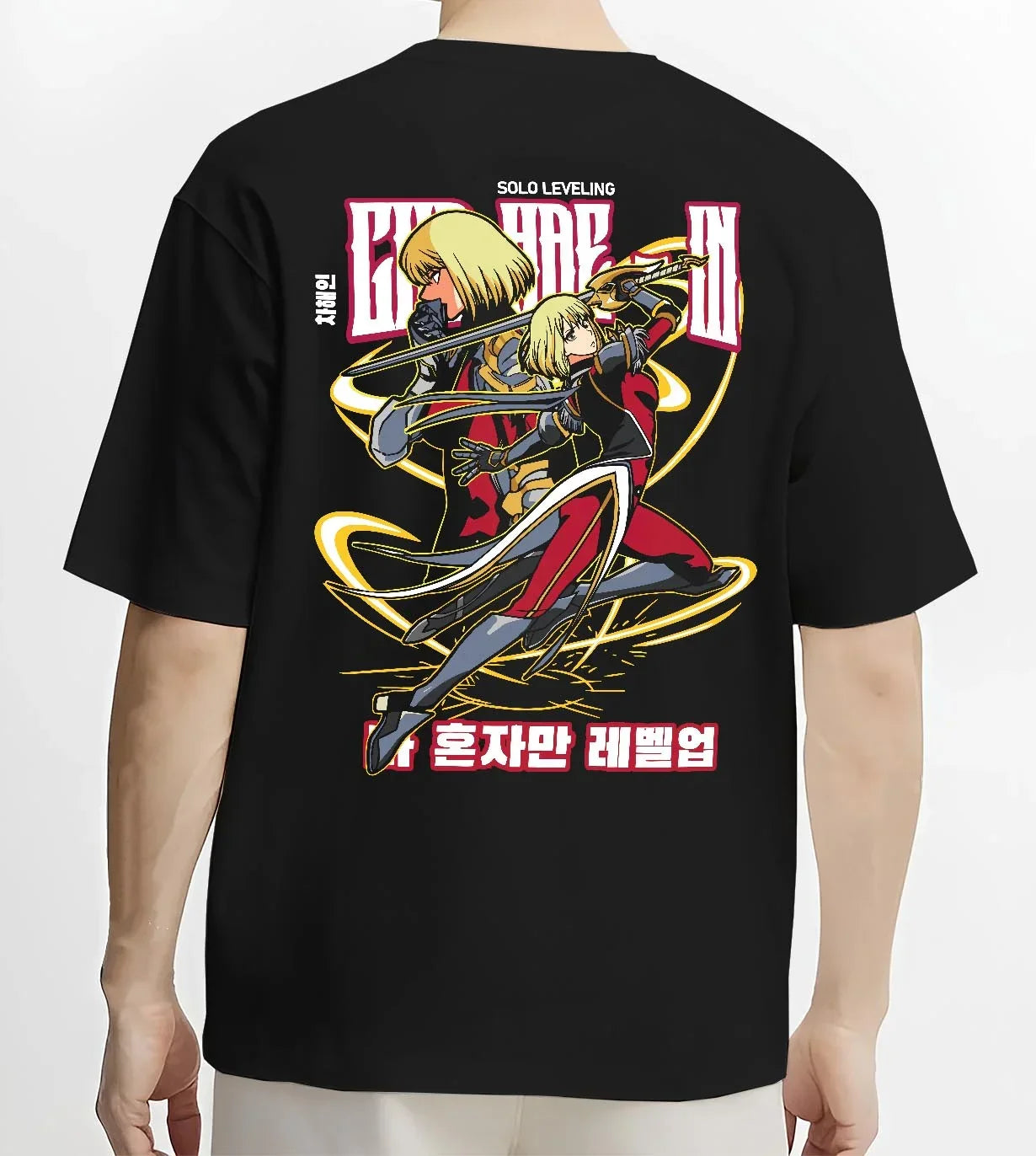 Black T-shirt worn by male model, back view with Cha Hae In Solo Leveling Hoodie Hunter Anime Jumper graphic streetwear graphic.