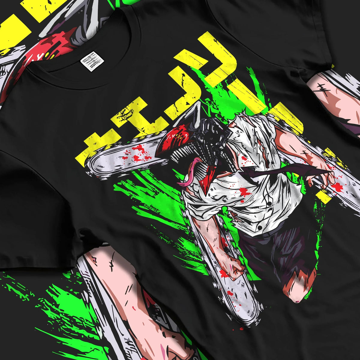 Black T-shirt laid flat with natural folds with Chainsaw Man Hoodie Denji Devil Hunter Green Slash graphic streetwear graphic.