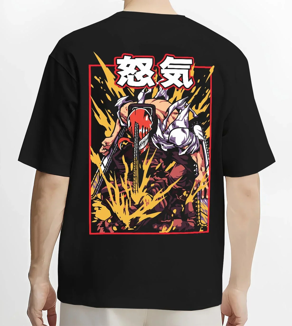 Black T-shirt worn by male model, back view with Chainsaw Man Hoodie Denji Devil Hunter Rage Flames graphic streetwear graphic.