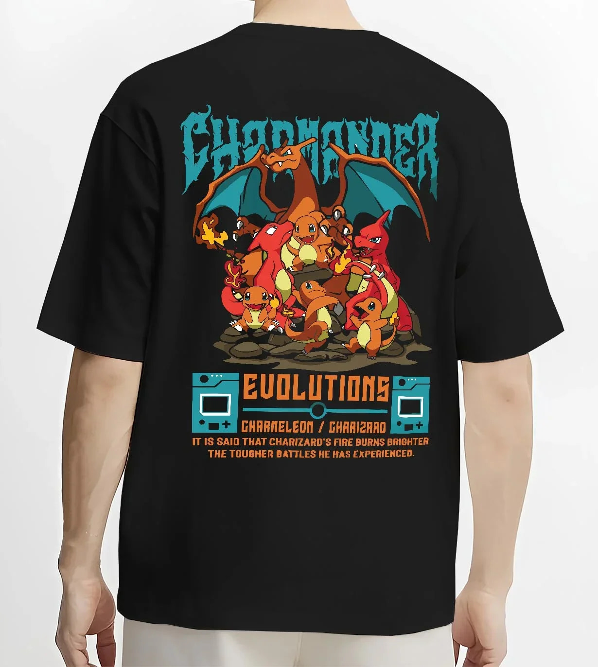 Black T-shirt worn by male model, back view with Charizard Hoodie Pokémon Evolutions Retro Flame Hero graphic premium wear.