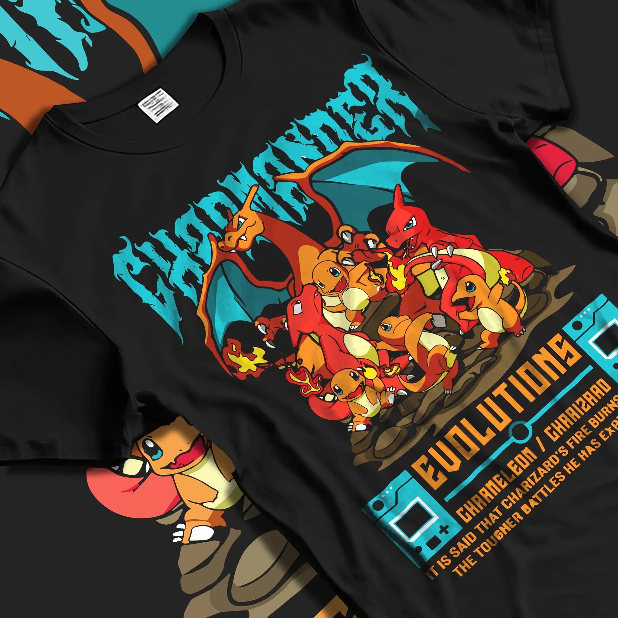 Black T-shirt laid flat with natural folds with Charizard Hoodie Pokémon Evolutions Retro Flame Hero graphic bold anime graphic.