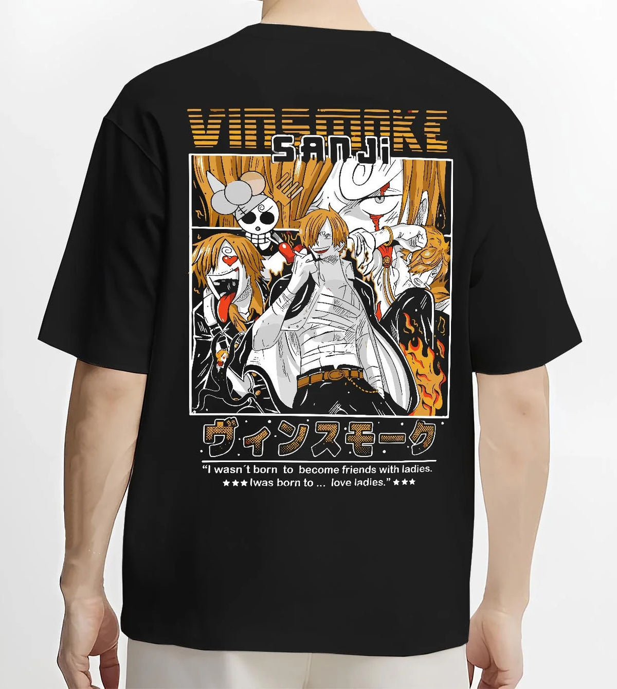 Black T-shirt worn by male model from the back featuring Sanji Chef One Piece Straw Hat artwork.