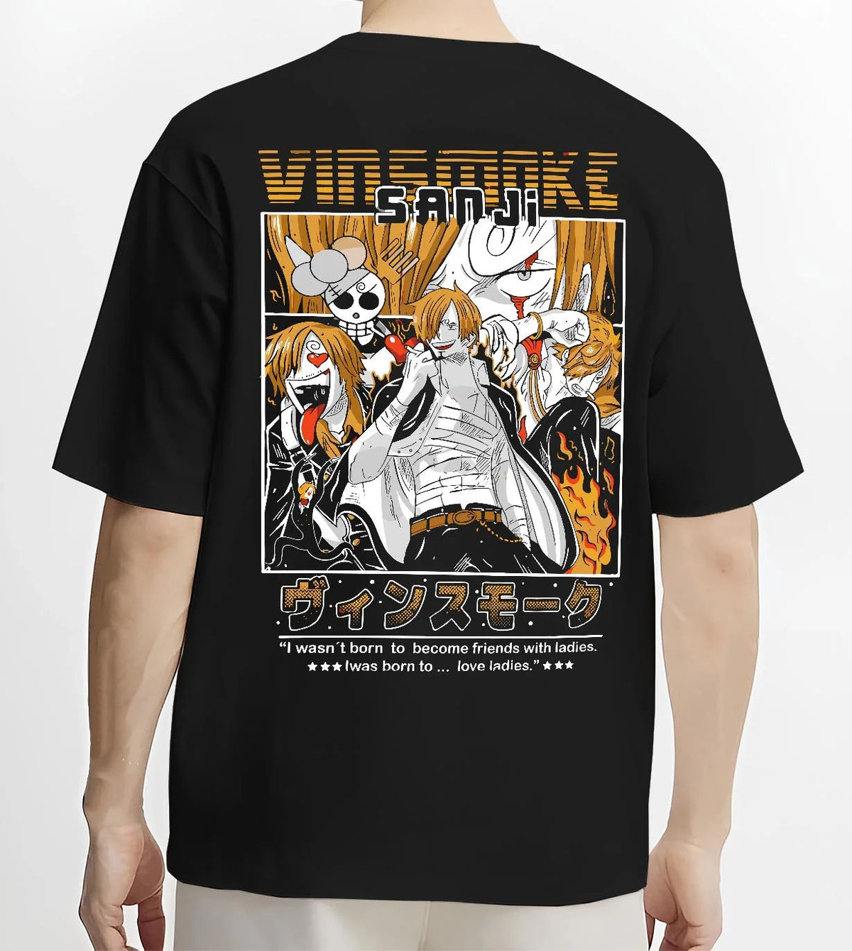 Black T-shirt worn by male model from the back featuring Sanji Chef One Piece Straw Hat artwork.