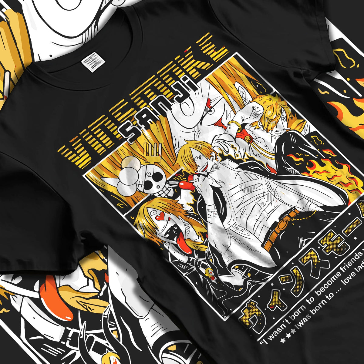 Black T-shirt laid flat with natural folds featuring Sanji Chef One Piece Straw Hat artwork.