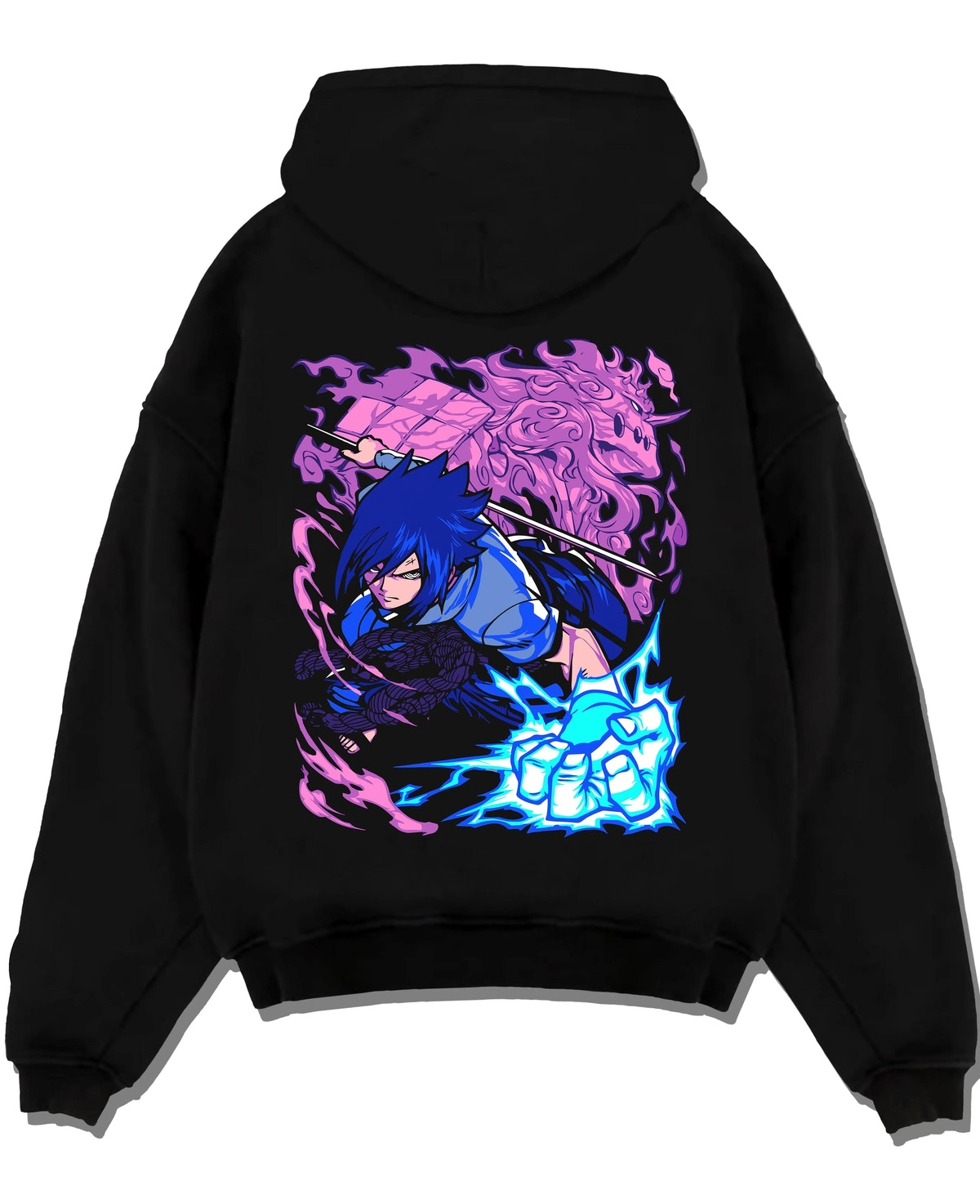 Black hoodie laid flat featuring Sasuke Uchiha Chidori Naruto artwork with bold anime graphic print.